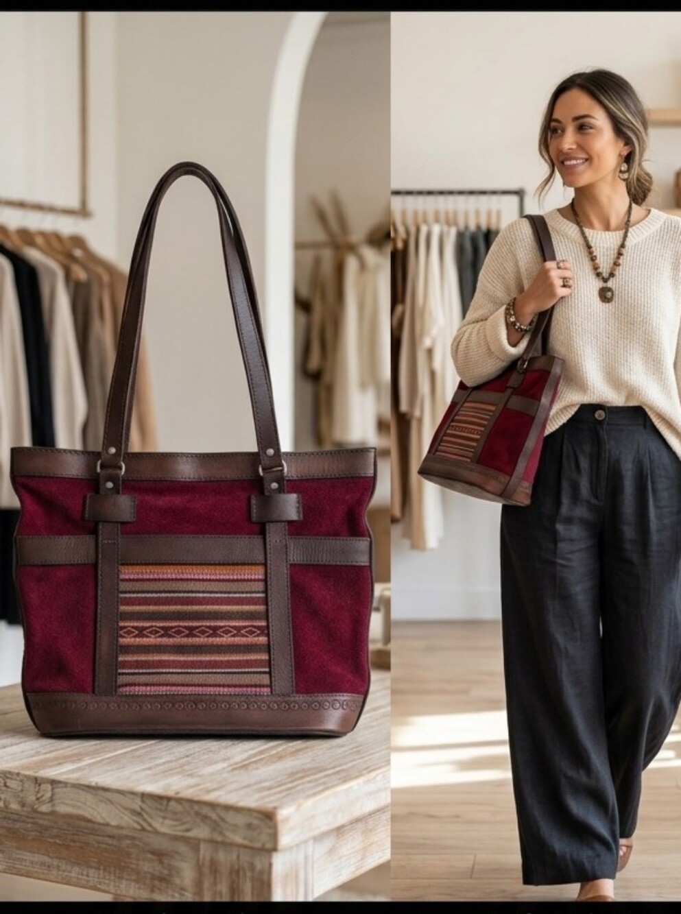 Bolivian Handmade Women's Red Suede Tote Bag with Woven Front Panel
